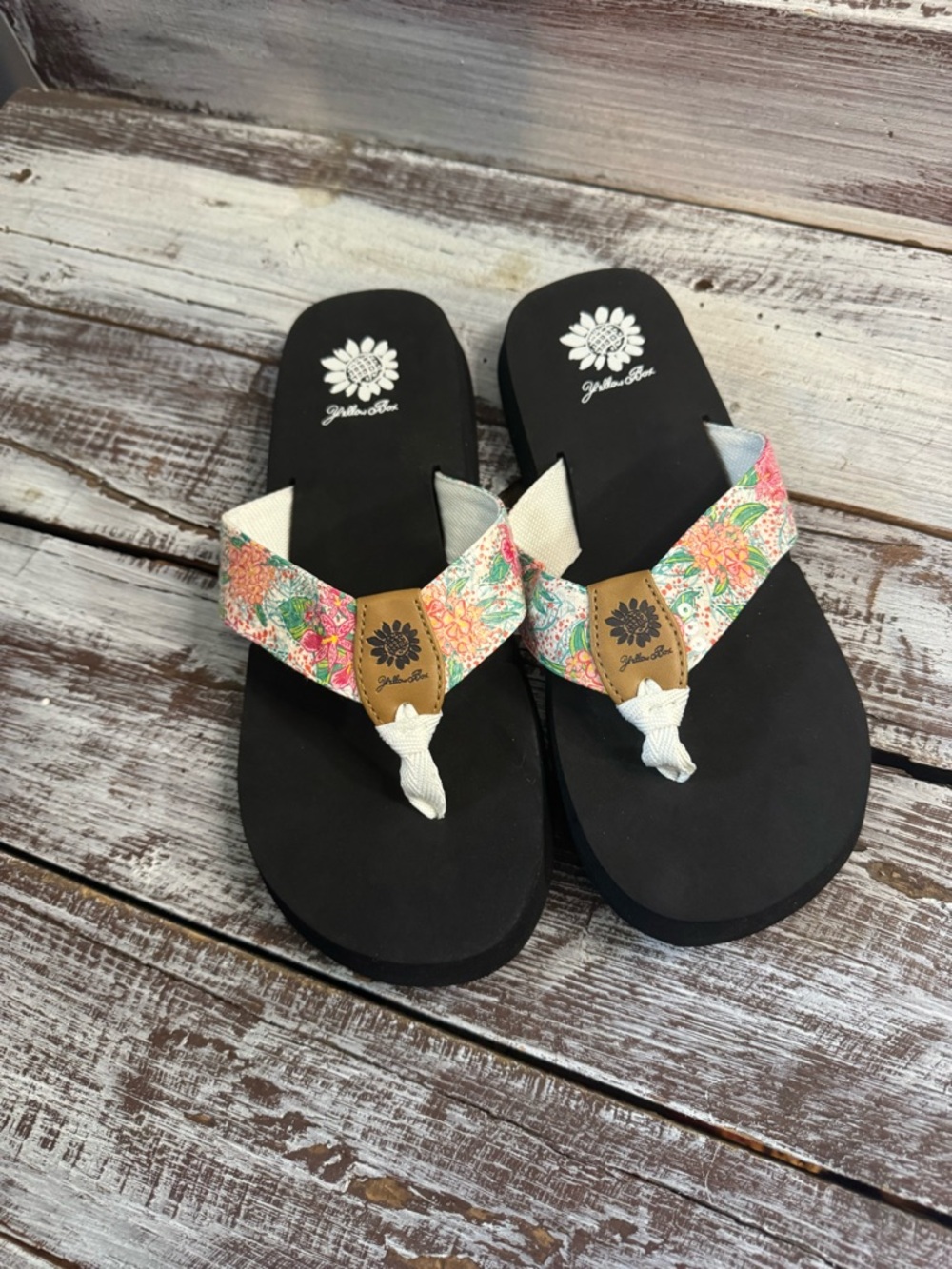 Yellow Box Floral Canvas Thong Sandals - Black Sole